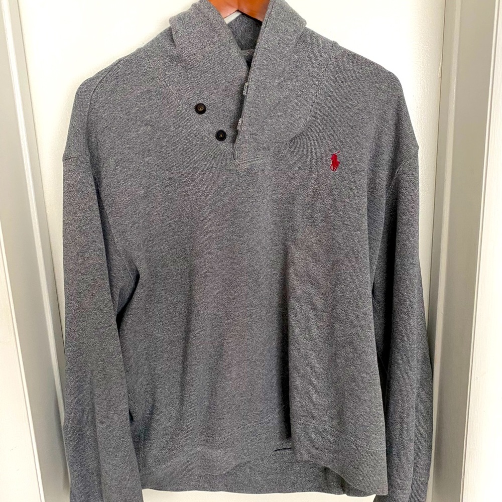 Polo Mens Size L Heather Grey Shawl Collar Pullover 100% Cotton